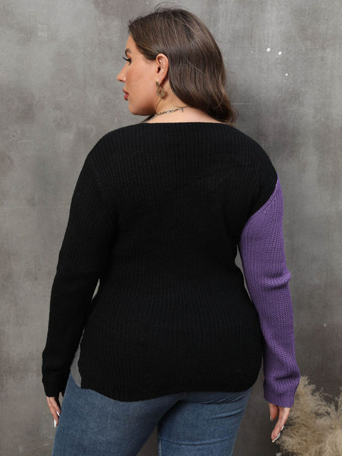 Plus Size Two-Tone Surplice Neck Sweater Trendsi