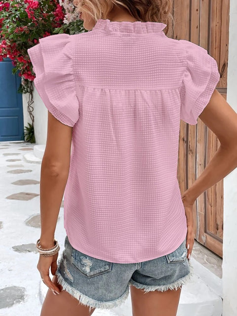 Ruffled Notched Cap Sleeve Blouse Trendsi