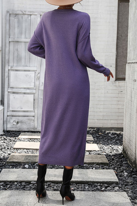 Decorative Button Notched Dropped Shoulder Sweater Dress Trendsi