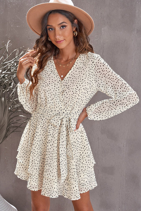 Tied Polka Dot Balloon Sleeve Layered Dress Trendsi