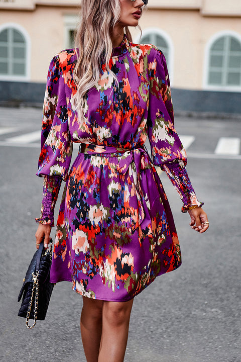 Printed Tie Waist Mock Neck Lantern Sleeve Dress Trendsi