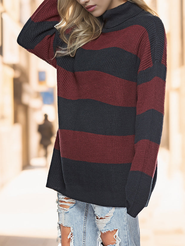 Striped Turtleneck Long Sleeve Sweater Trendsi