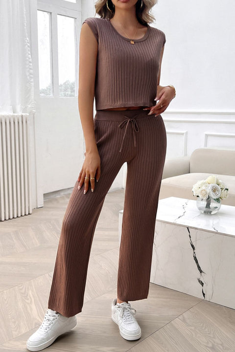 Ribbed Round Neck Top and Pants Set Trendsi