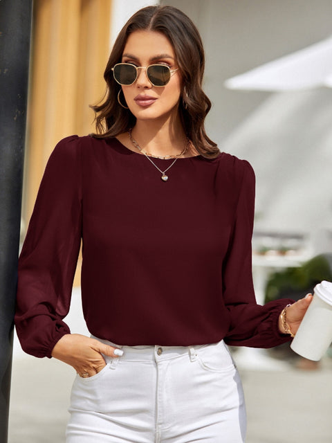 Round Neck Long Sleeve Blouse Trendsi