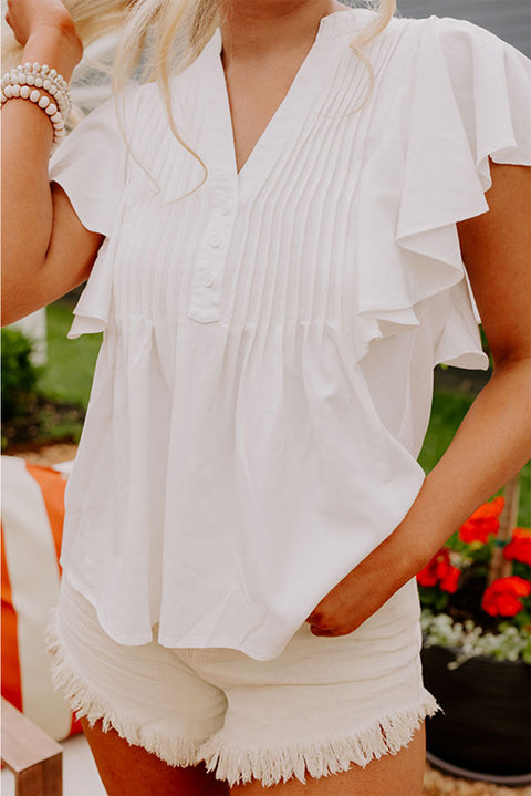 Pleated V-Neck Cap Sleeve Blouse Trendsi