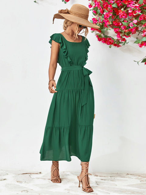 Tie Belt Ruffled Tiered Dress Trendsi