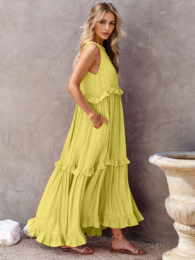 Ruffled Sleeveless Tiered Maxi Dress with Pockets Trendsi