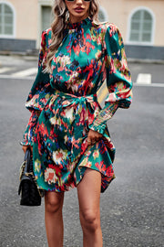 Printed Tie Waist Mock Neck Lantern Sleeve Dress Trendsi