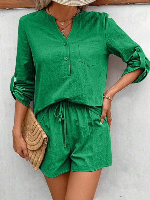 Notched Long Sleeve Top and Shorts Set Trendsi