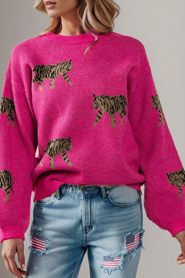 Tiger Pattern Round Neck Drop Shoulder Sweater Trendsi