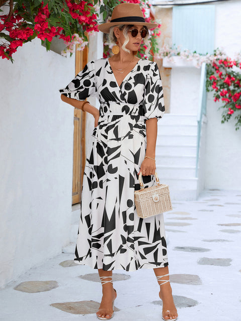 Printed Surplice Balloon Sleeve Dress Trendsi