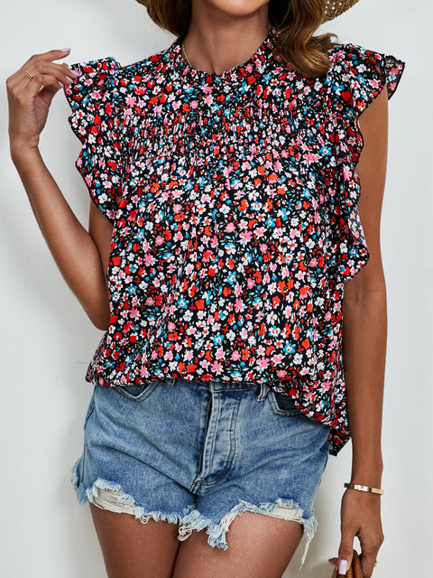 Ruffled Ditsy Floral Mock Neck Cap Sleeve Blouse Trendsi