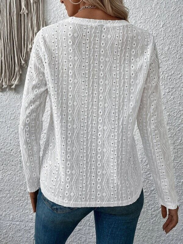 Eyelet Round Neck Long Sleeve Blouse Trendsi