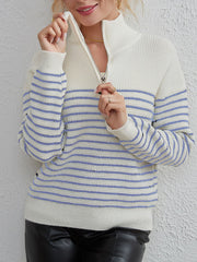 Striped Half Zip Long Sleeve Sweater Trendsi