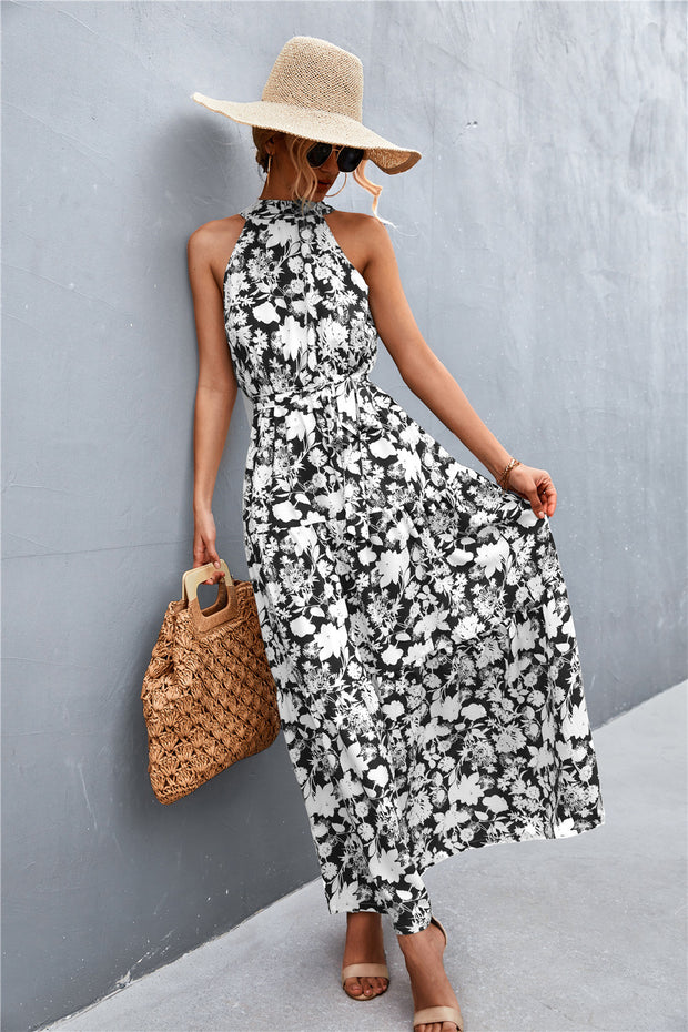 Printed Sleeveless Tie Waist Maxi Dress Trendsi