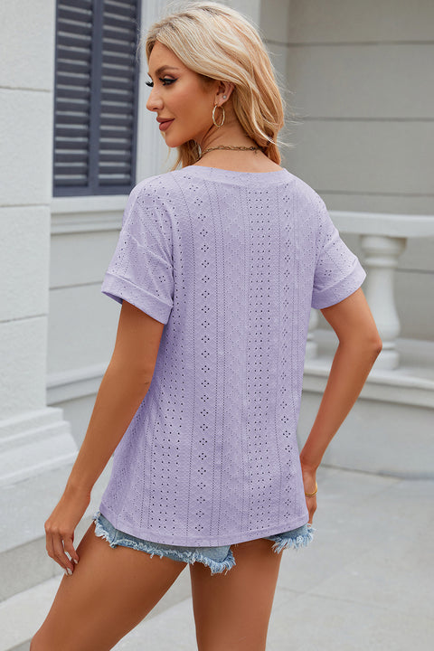 Eyelet V-Neck Short Sleeve T-Shirt Trendsi