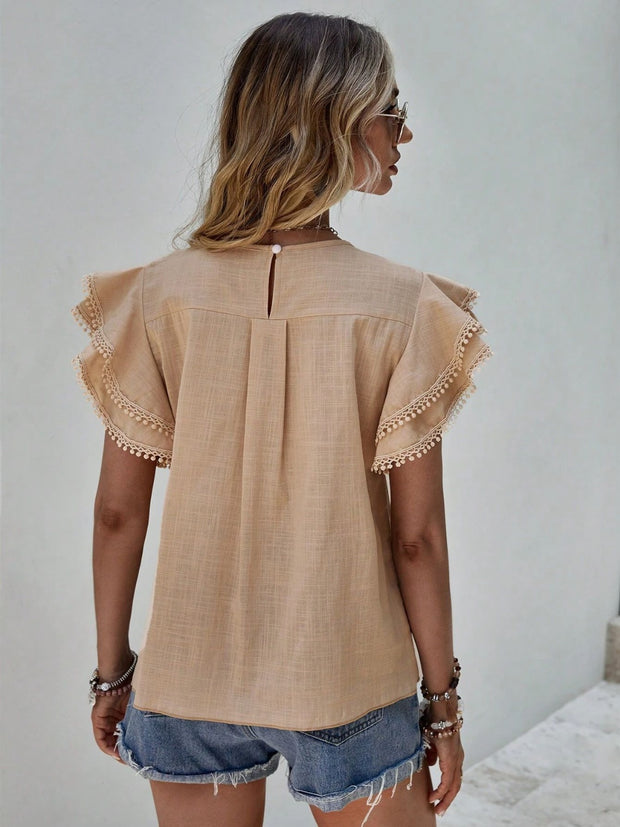 Ruffled Cap Sleeve Round Neck Blouse Trendsi