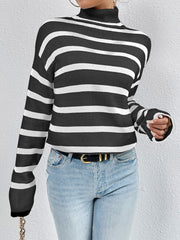 Striped Turtleneck Long Sleeve Sweater Trendsi