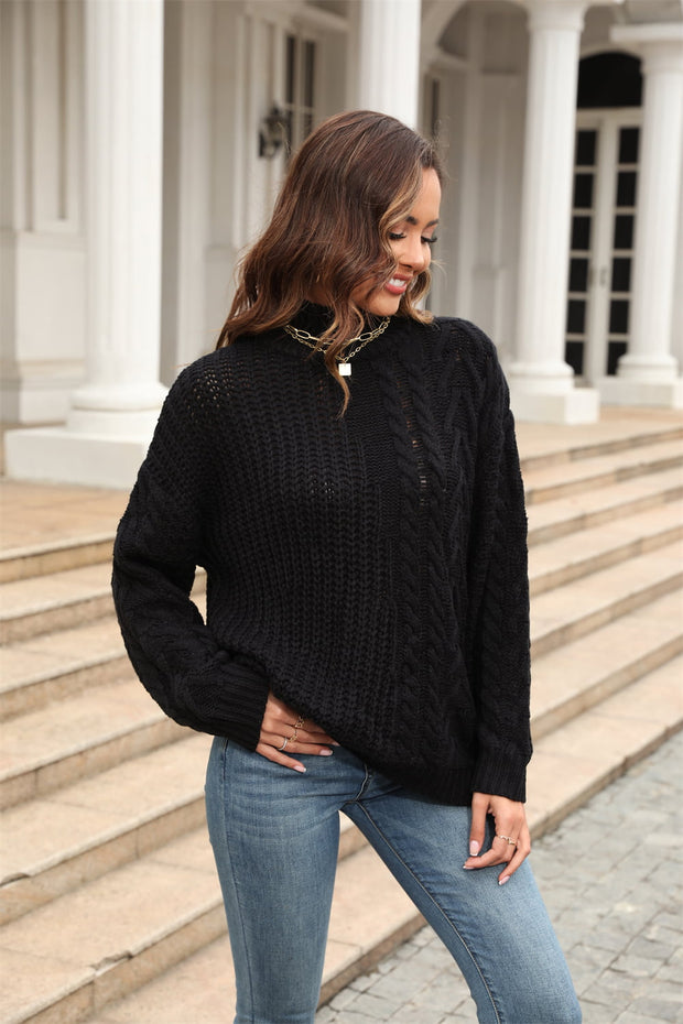 Cable-Knit Turtle Neck Long Sleeve Sweater Trendsi