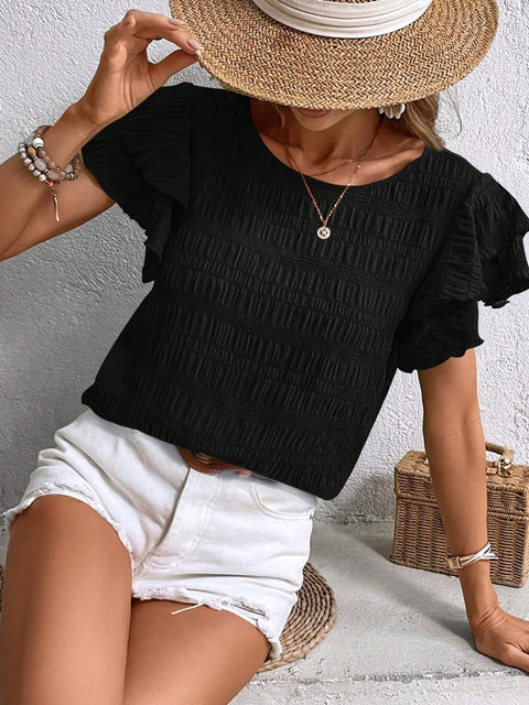 Round Neck Flounce Sleeve Blouse Trendsi