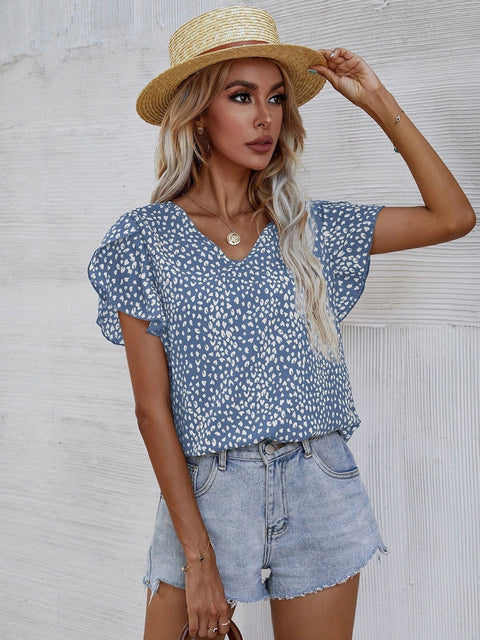 Printed V-Neck Petal Sleeve Blouse Trendsi