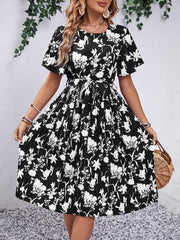 Printed Round Neck Short Sleeve Dress Trendsi