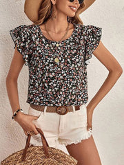 Ditsy Floral Round Neck Cap Sleeve Top Trendsi