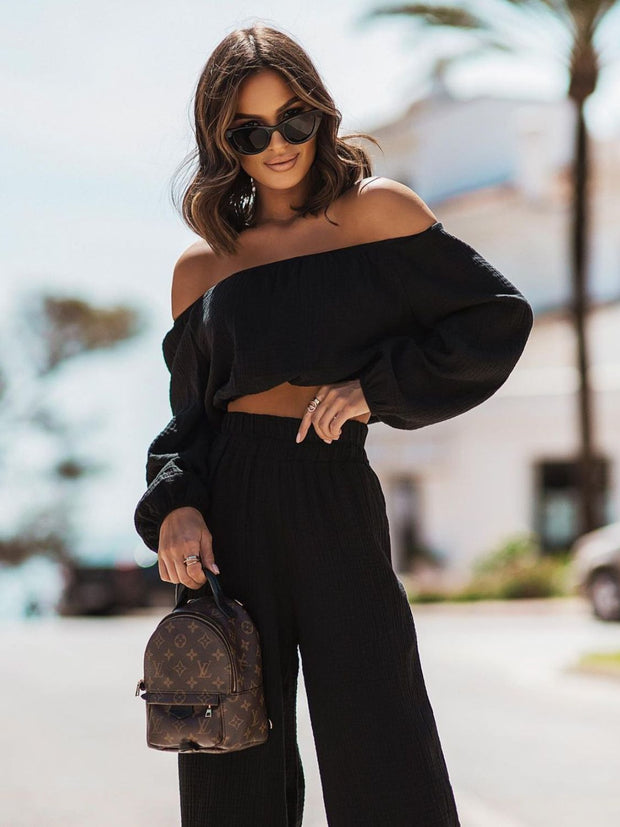 Off Shoulder Long Sleeve Top and Pants Set Trendsi