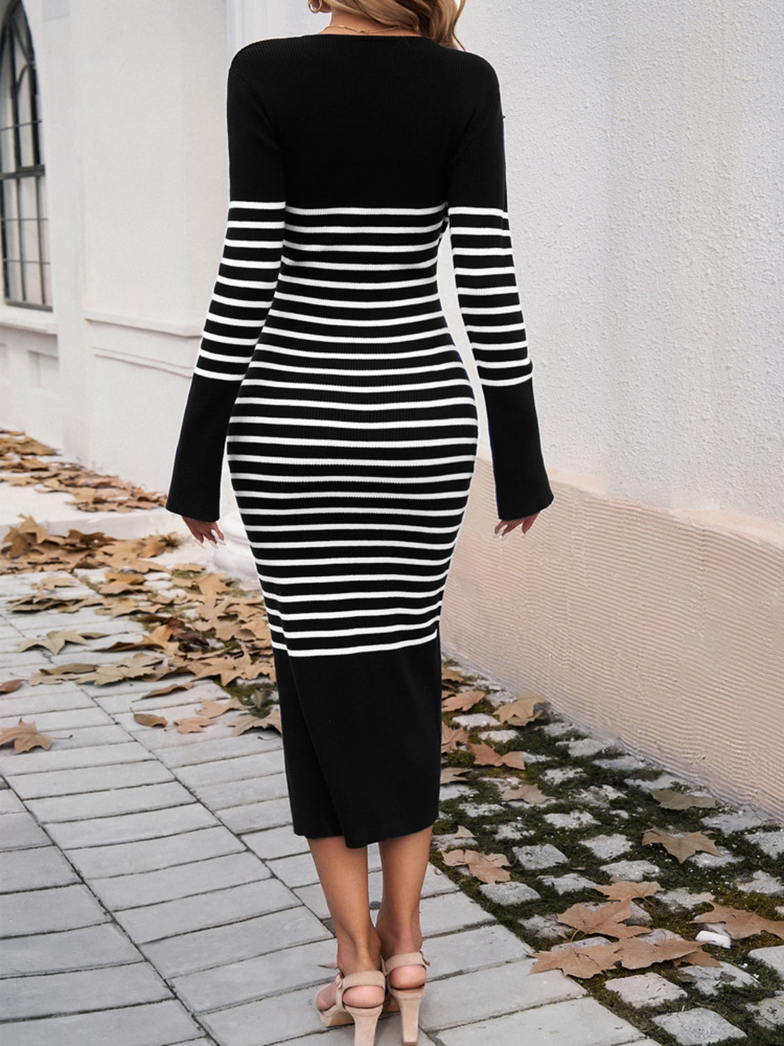 Striped V-Neck Long Sleeve Sweater Dress Trendsi