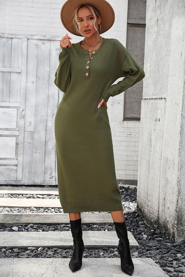 Decorative Button Notched Dropped Shoulder Sweater Dress Trendsi