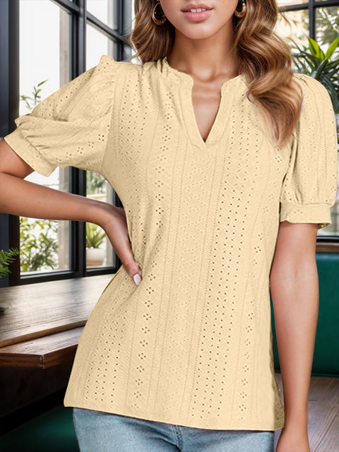 Eyelet Notched Short Sleeve Blouse Trendsi