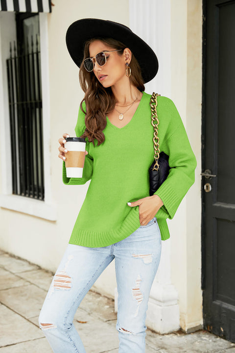 Drop Shoulder V-Neck Knit Pullover Trendsi