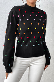 Pom-Pom Trim Mock Neck Long Sleeve Pullover Sweater Trendsi