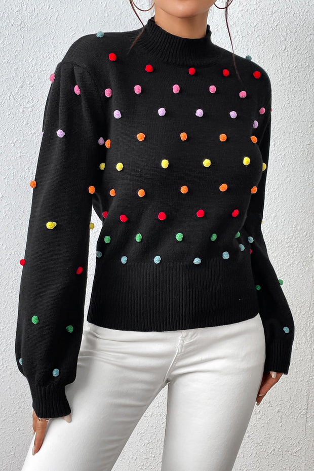 Pom-Pom Trim Mock Neck Long Sleeve Pullover Sweater Trendsi