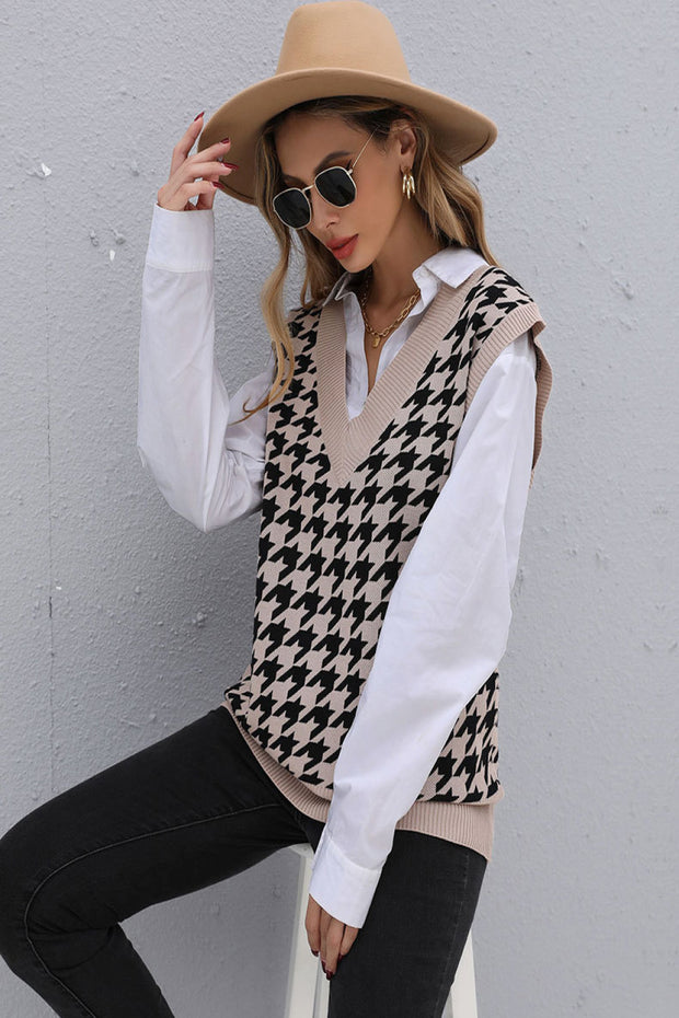 Houndstooth V-Neck Knit Vest Trendsi