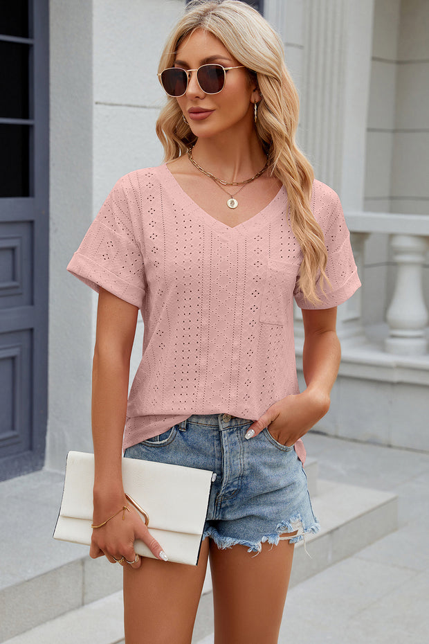 Eyelet V-Neck Short Sleeve T-Shirt Trendsi