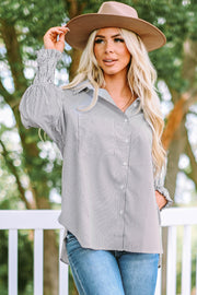 Striped Lantern Sleeve Collared Shirt