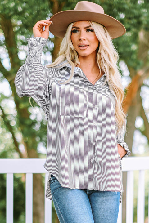 Striped Lantern Sleeve Collared Shirt Trendsi