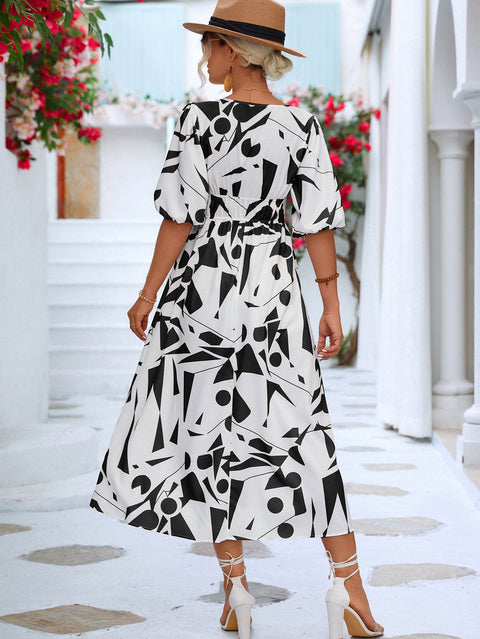 Printed Surplice Balloon Sleeve Dress Trendsi