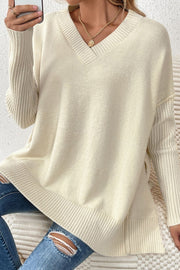 Slit V-Neck Dropped Shoulder Sweater Trendsi