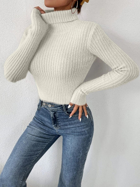 Ribbed Turtleneck Long Sleeve Sweater Trendsi