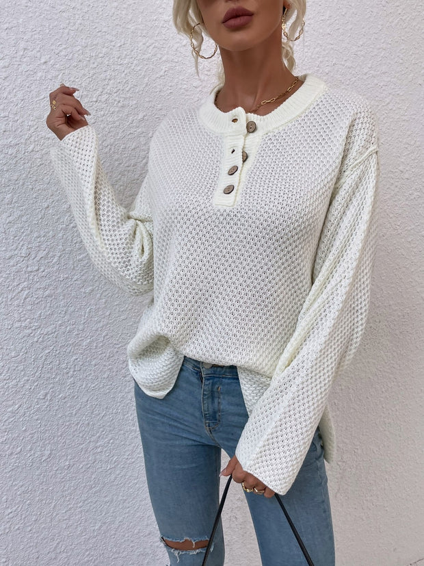 Quarter-Button Slit Sweater Trendsi