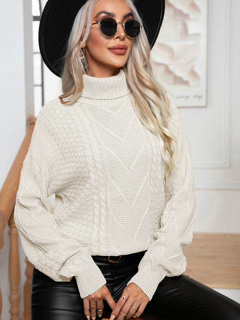 Turtleneck Cable-Knit Long Sleeve Sweater Trendsi