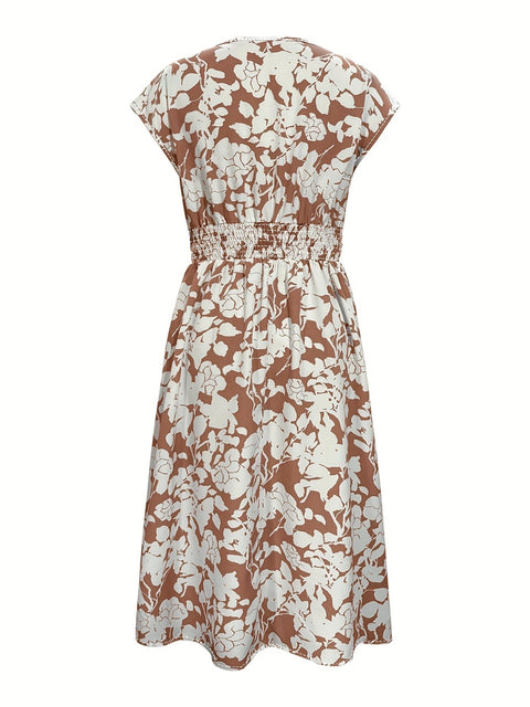 Printed V-Neck Cap Sleeve Midi Dress Trendsi