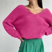 V-Neck Dropped Shoulder Long Sleeve Sweater Trendsi