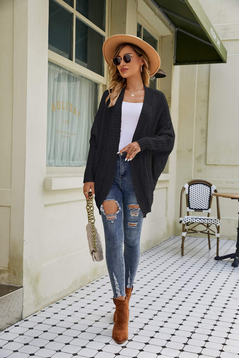 Mixed Knit Open Front Dolman Sleeve Cardigan Trendsi