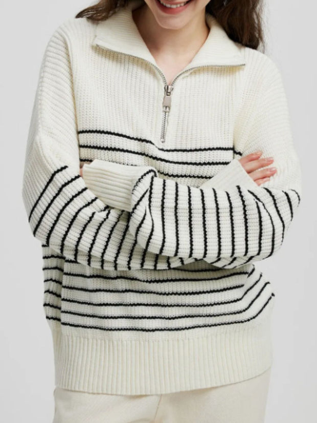 Striped Half Zip Long Sleeve Sweater Trendsi