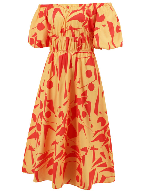 Printed Off-Shoulder Balloon Sleeve Dress Trendsi