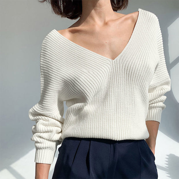 V-Neck Dropped Shoulder Long Sleeve Sweater Trendsi