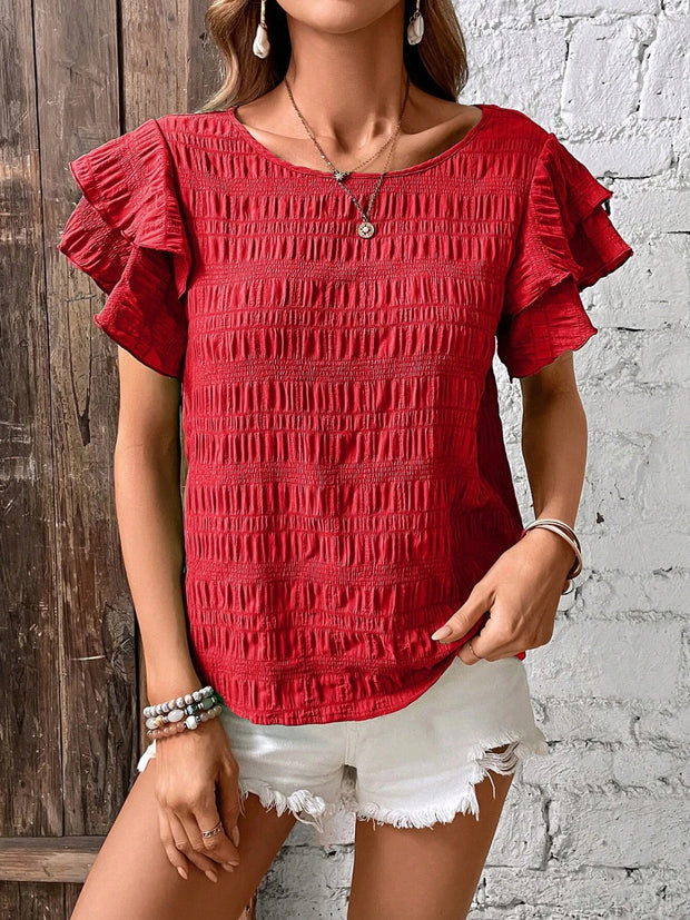 Round Neck Flounce Sleeve Blouse Trendsi